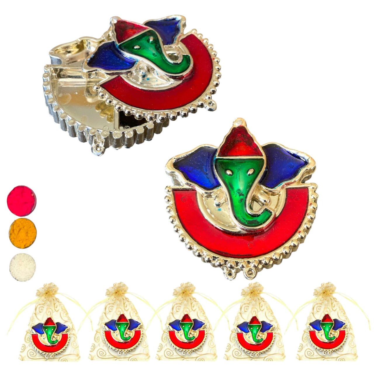 5 Pieces Decorative Ganesha Haldi Kumkum Holder Roli Chawal/rice Holder Indian Festival Favor Diwali Rakhi Pooja Tilak Platter Housewarming Gifts Wedding Favor